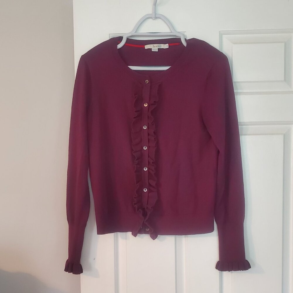Boden dark purple ruffle cardigan, sz M (EUC)